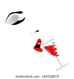 A beautiful woman raises a glass of wine to her lips in a minimalist food and drink  illustration.