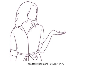 beautiful woman raising her palm hand drawn style vector illustration