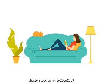 Beautiful woman reading a book or studying lying on the sofa. A red cat sleeps nearby. Cartoon illustration in flat style with pretty girl on sofa, lamp and plant isolated on white background.
