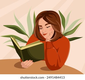 A beautiful woman is reading a book at a table. Education or leisure. Distance learning and self-education. Vector illustration.
