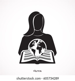 Beautiful woman  reading book with world globe for learning geography or plan traveling