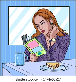 Beautiful woman reading books with coffee and sandwiches Illustration vector colorful pop art background on comic style