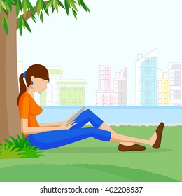 Beautiful woman reading sitting under tree. Vector illustration