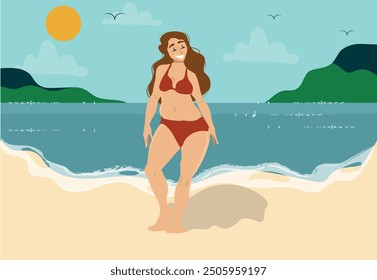 beautiful woman with real body enjoying a summer day. Body positive, vector illustration.