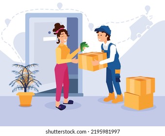 A beautiful woman receiving her order from the courier for money. Transportation, shipping from place to place and fast delivery concepts. Customer satisfaction and happy, smiling faces.