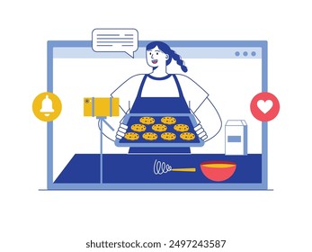 Beautiful woman recording on phone, making cookies and sharing to social media. Character design. Vector flat illustration