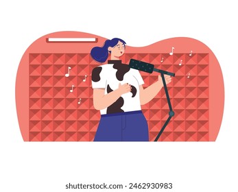 Beautiful woman recording singing in a studio room. Character design. Vector flat illustration