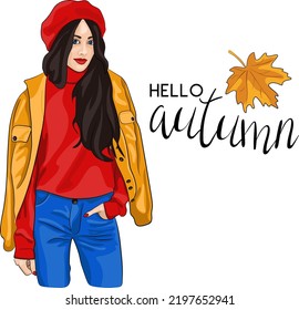 Beautiful woman in red beret cartoon vector illustration. Paris fashion autumn look drawing. Trendy and elegant lady in jacket. Hello autumn lettering. Fall season card template. Brunette girl isolate