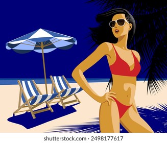 Schöne Frau im roten Bikini entspannend am Meer im Sommer. Sommerfest und Reisen. Ferienzeit, Wochenende, Strandthema. Vektorgrafik