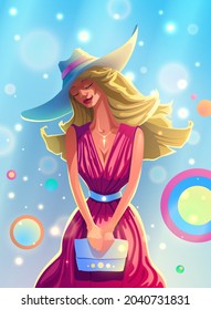 Beautiful woman in red dress with hat in summer sunny weather illustration in vector. Romantic card with wonderful lovely girl on meet with lush hair and a charming smile. 