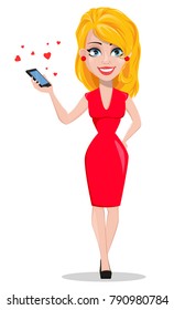 Beautiful woman in red dress holding smartphone with many little hearts. Smiling cartoon character. Illustration for Valentine day or Women day. Stock vector