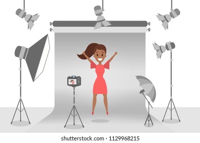 Beautiful woman in red dress making photoshoot on the grey background. Various equipment such as softbox and camera. Isolated flat vector illustration