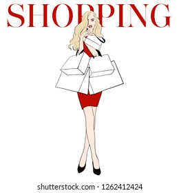 Beautiful Woman in red dress with shopping bags and inscription shopping. Young fashion shopper girl for sale advertising. Happy Woman or girl shopping. Hand drawing sketch, Vector illustration