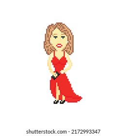 Beautiful woman in red evening dress isolated on white background. Pixel art design. 8 bit logo for game. Character vector illustration. eps 10