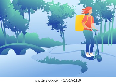 Beautiful woman with red hair on an electric scooter rides with a thermal bag. The concept of quick access. Girl courier rides through the park.