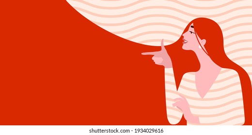 Beautiful woman with red hair points to the space for the text. Modern illustration. Template for cards, greetings, flyer, banner. 