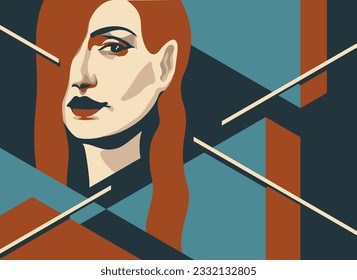 Beautiful woman with red hair - portrait in 1920s Art Deco style in abstract angular geometric decoration