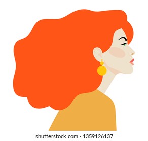 Beautiful woman with red hair. Side view. Bright beauty stares ahead. Feminist or girl who fights for women's rights.