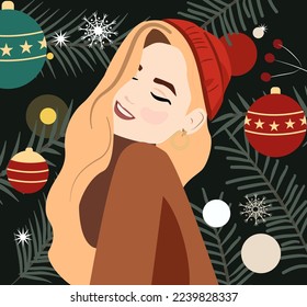 Beautiful woman in a red hat and a warm sweater. New Year's vector illustration. Sheep and Christmas card. Woman against the background of decor of Christmas balls and Christmas trees. Snowflakes