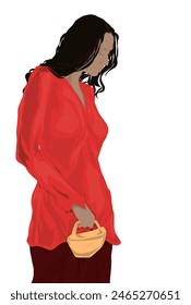 beautiful woman in a red kebaya suit holding a small bag
