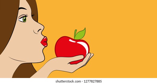 beautiful woman with red lips eats a red apple vector illustration EPS10