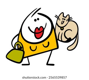 A beautiful woman with red lips and in an elegant dress holds a pet in her arms. A vector illustration of a stickman showing off a fashionable cat breed. Isolated character on white background.