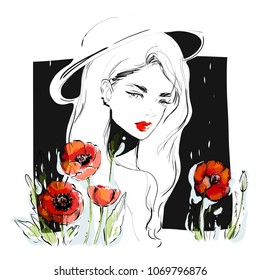 Beautiful woman with red lips in hat and poppy flowers fashion sketch. Young girl face portrait. Black and white hand drawn illustration for card design, beauty poster.