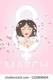 Beautiful woman with red lips on white number 8 and woman sign with pink flowers and flower petals blowing in the wind. Vector illustration for March 8, International women’s day.