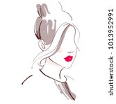 Beautiful woman with red lips vector fashion sketch. Young girl face portrait art.  Trendy model look hand drawn illustration. Modern design for women