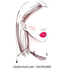 Beautiful woman with red lips vector fashion sketch. Young girl face portrait art.  Trendy model look hand drawn illustration. Modern design for women's day greeting card, poster, banner.