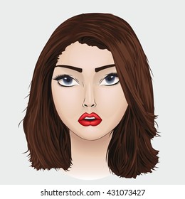 Beautiful woman with red lipstick and medium brown haircut, vector