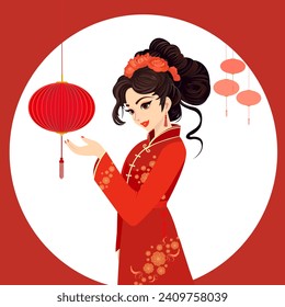 Hermosa mujer con traje rojo tradicional levantando la mano para tocar la ilustración vectorial de linterna colgante. Chica china con un farol símbolo de buena suerte decoración que celebra la fiesta china de Año Nuevo.