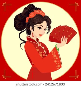 Hermosa mujer con vestido rojo tradicional sostiene muchos sobres rojos ilustraciones vectoriales. Muchacha china con buena suerte y concepto de prosperidad, celebrando la fiesta del Año Nuevo chino.