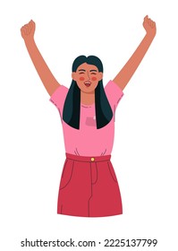 A beautiful woman rejoices and raises her hands up. Vector illustration flat 