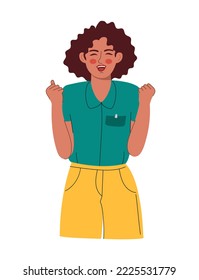 A beautiful woman rejoices and raises her hands up. Vector illustration flat 