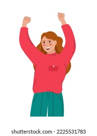 A beautiful woman rejoices and raises her hands up. Vector illustration flat 