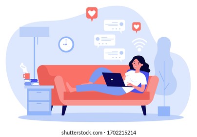 Beautiful woman relaxing at sofa with laptop computer flat vector illustration. Young girl staying at home and chatting with friends via digital device. Digital technology and entertainment concept.