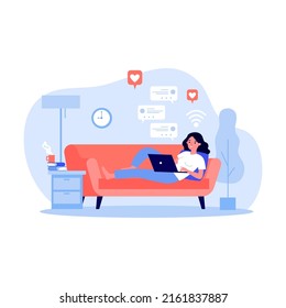 Beautiful woman relaxing at sofa with laptop computer flat vector illustration. Young girl staying at home and chatting with friends