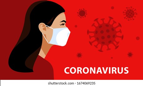 Beautiful woman in respiratory mask. Coronavirus alarm, protection and prevention in the world. Virus shape on white background. Modern vector illustration on social topic.