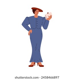 Beautiful woman in retro long dress, hat and reticule handbag vector flat illustration. Cartoon Silent generation lady character. Vintage female fashion isolated on white background