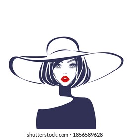 Beautiful woman in retro style summer hat, beauty logo. Vector illustration.