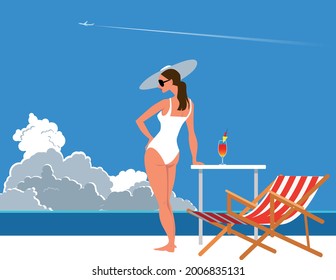 Beautiful woman in a retro swimming suit and a hat standing next to a cabana chair on a tropical beach,  storm cloud on the horizon, EPS 8 vector illustration