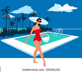 Beautiful woman in retro swimsuit posing at a pool with a beach tote, EPS 8 vector illustration