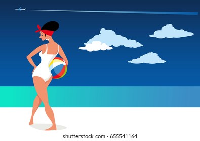 Beautiful woman in retro swimsuit posing on the beach with a beach ball, copy space left, EPS 8 vector illustration