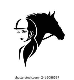 beautiful woman rider wearing helmet and horse silhouette head - female jockey representing equestrian sport black and white vector design