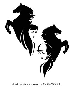 beautiful woman rider wearing helmet and rearing up horse silhouette - female jockey representing equestrian sport black and white vector design