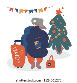 Beautiful woman rides on a winter weekend flat vector illustration.