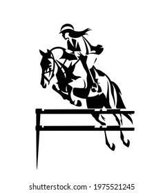 beautiful woman riding horse during show jumping competition - equestrian sport black and white vector outline