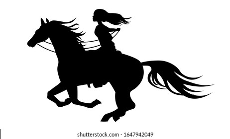 Beautiful woman riding the horse. Silhouette  vector illustration isolated on white background.