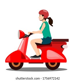 Beautiful woman riding a motorcycle and smiling happily, isolated on white background, vector image